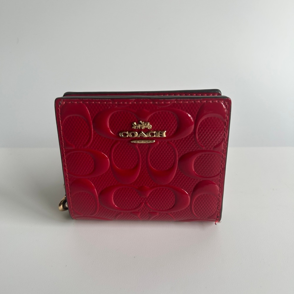 Coach Snap Bifold Wallet Red Signature Patent Leather CV415